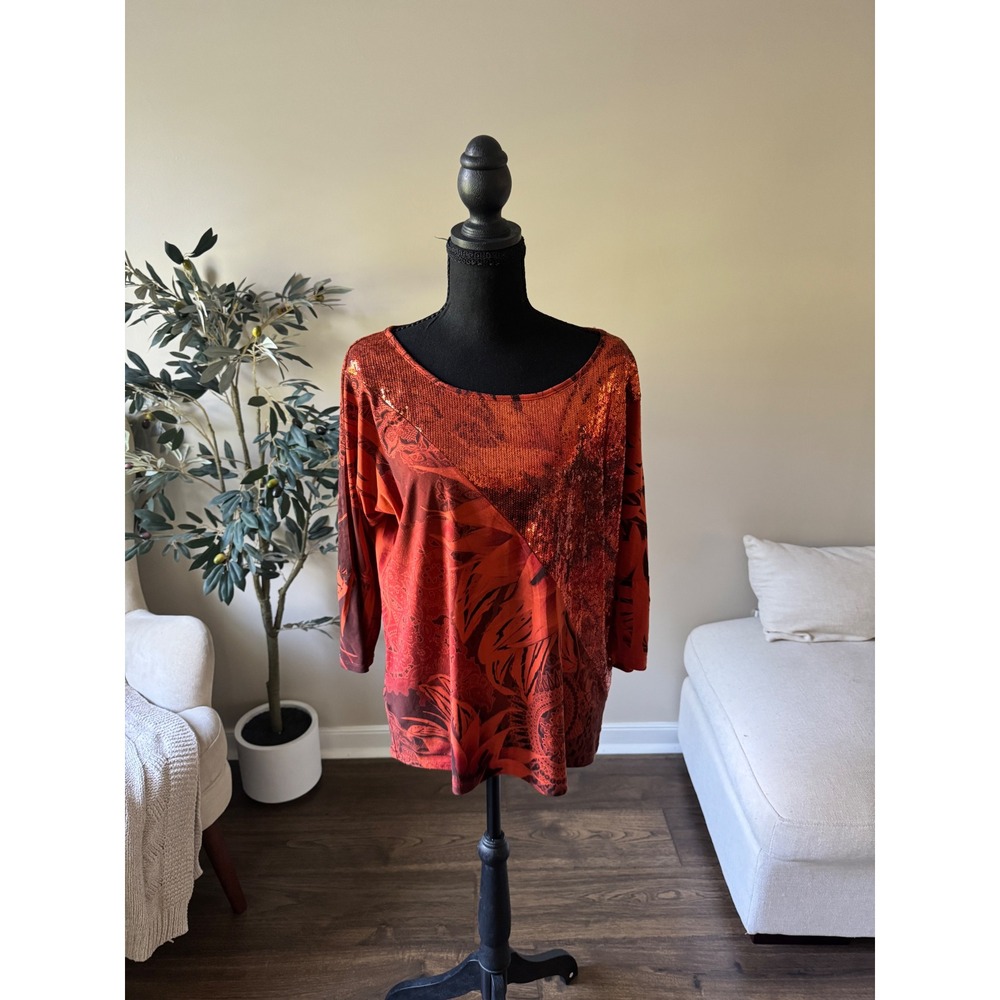 Cato Womens M Orange Red Floral Paisley Sequin Tunic Top 3/4 Sleeve Scoop Neck